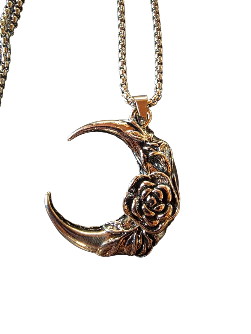 New Stainless Steel Crescent Moon Rose Pendant Necklace